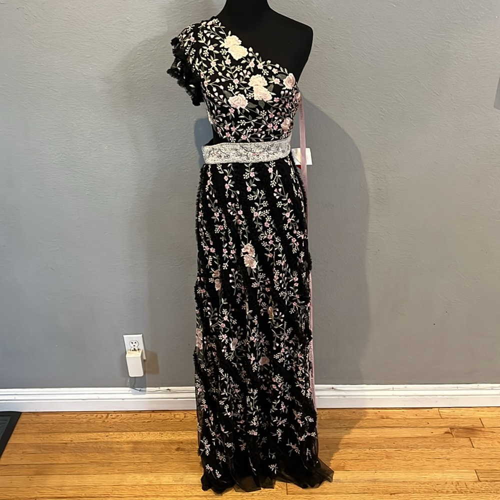 Mac Duggal Embroidered Ruffled One Shoulder Lace Up Gown Black Multi Size - Picture 3 of 17